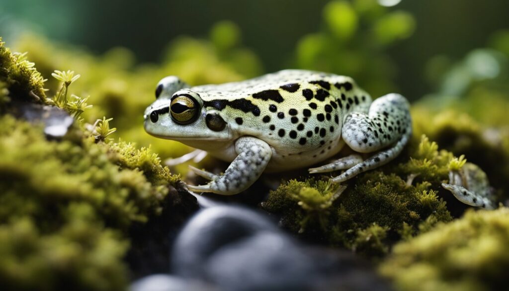 A male Betic Midwife Toad supports a cluster of eggs on his back as he moves through a rocky, moss-covered landscape