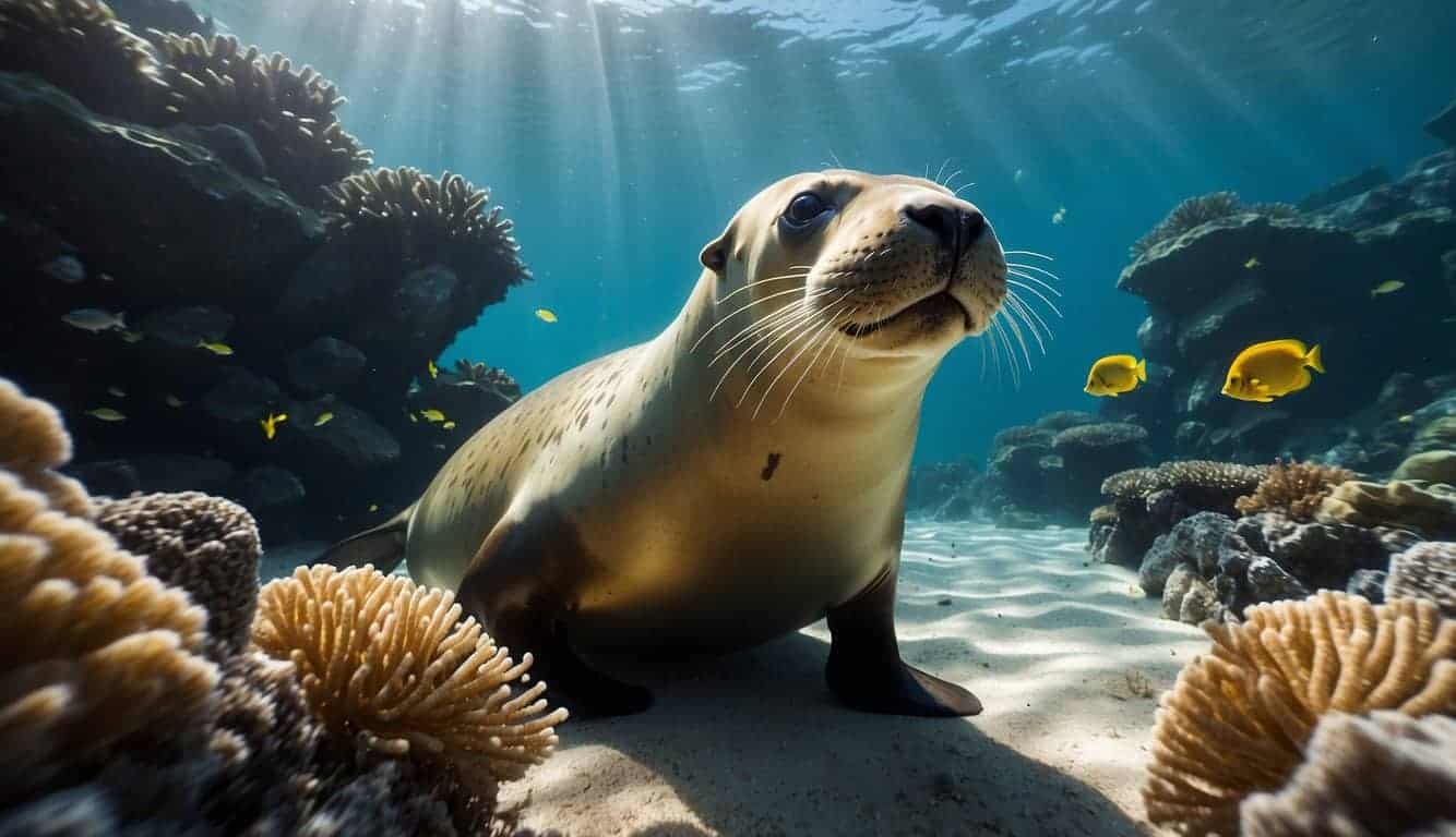 A sea lion effortlessly glides through crystal-clear water, gracefully maneuvering around vibrant coral reefs and darting fish. Its streamlined body and powerful flippers showcase its remarkable underwater abilities