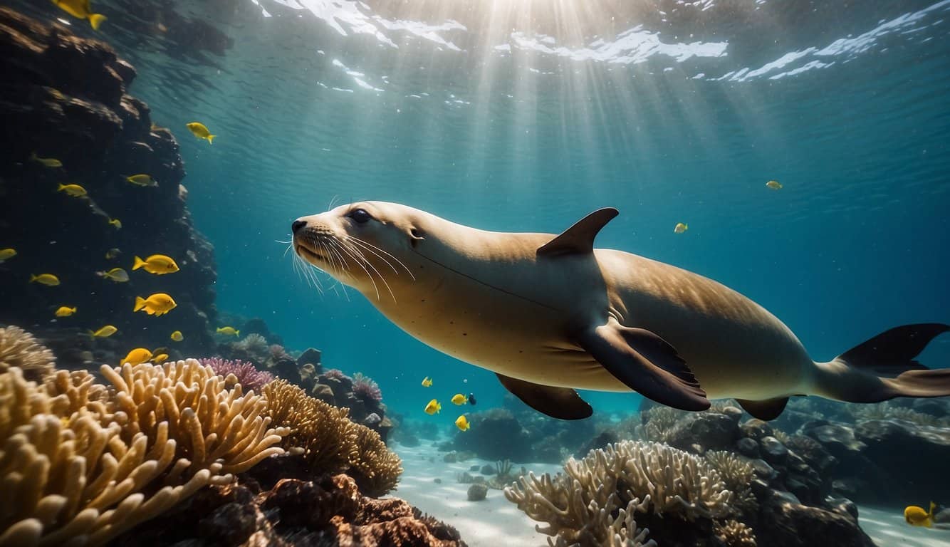 A sea lion gracefully glides through the crystal-clear water, effortlessly maneuvering its sleek body amongst the vibrant coral and darting fish