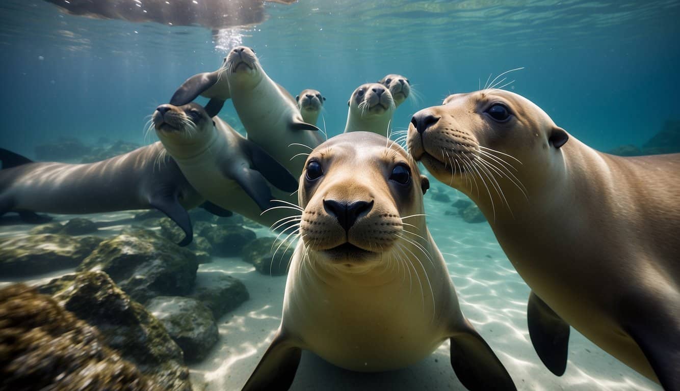 A group of sea lions gracefully swim through crystal-clear waters, effortlessly diving deep to explore their underwater habitats