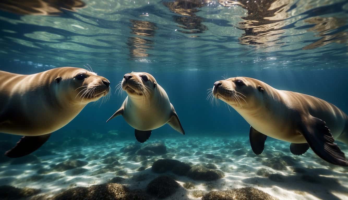 A group of sea lions gracefully dive and swim through crystal-clear waters, showcasing their remarkable underwater abilities