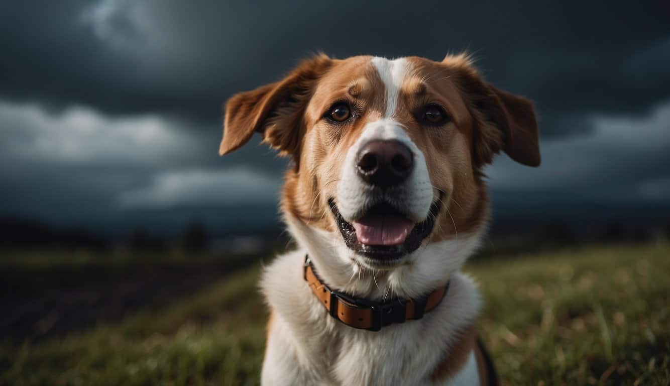 A dog's ears perk up, eyes widen, and body tenses as dark clouds roll in, sensing the impending storm