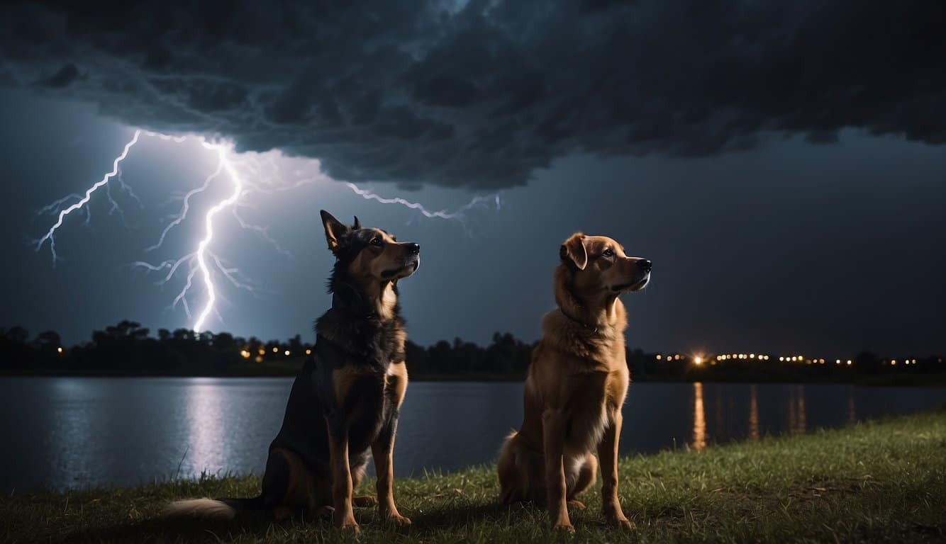 A dog stands alert, ears perked and fur bristling, as dark clouds gather overhead. Lightning flashes and thunder rumbles, but the dog remains calm, sensing the impending storm