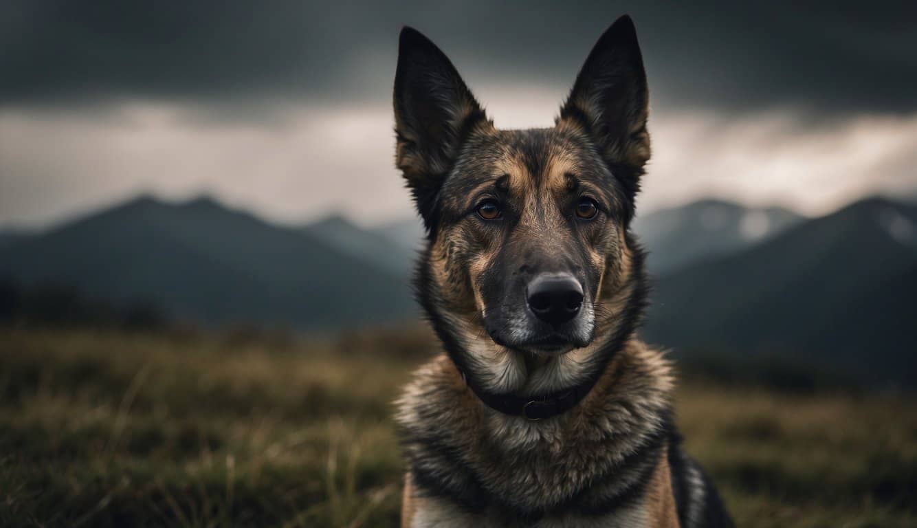 A dog's ears perk up as dark clouds gather. Its nose twitches, detecting the change in air pressure. The fur on its back stands on end, sensing the approaching storm