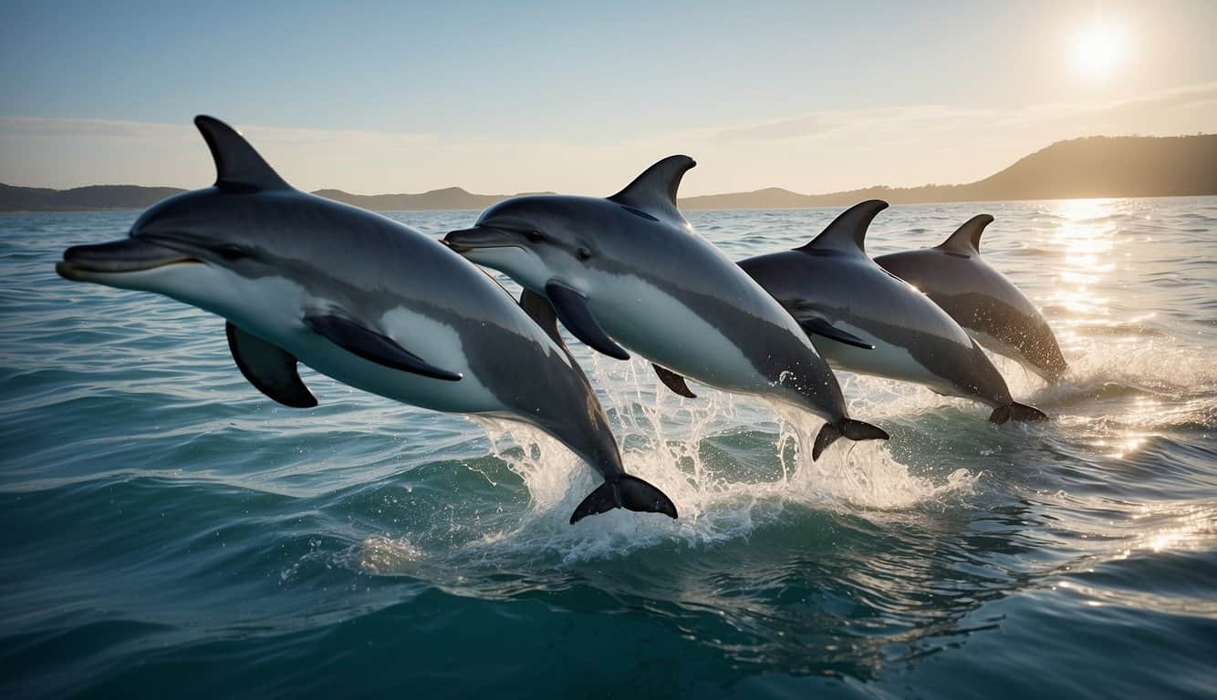 Dolphins swim in a pod, leaping out of the water, clicking and whistling to each other. They form tight-knit social bonds, engaging in playful and cooperative behaviors
