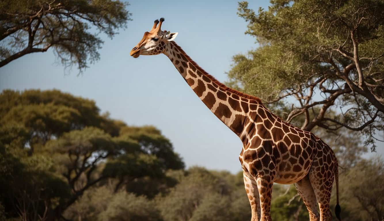 A giraffe stands tall, its long neck reaching for the sky. Its heart pumps blood up to its head, defying gravity with each beat