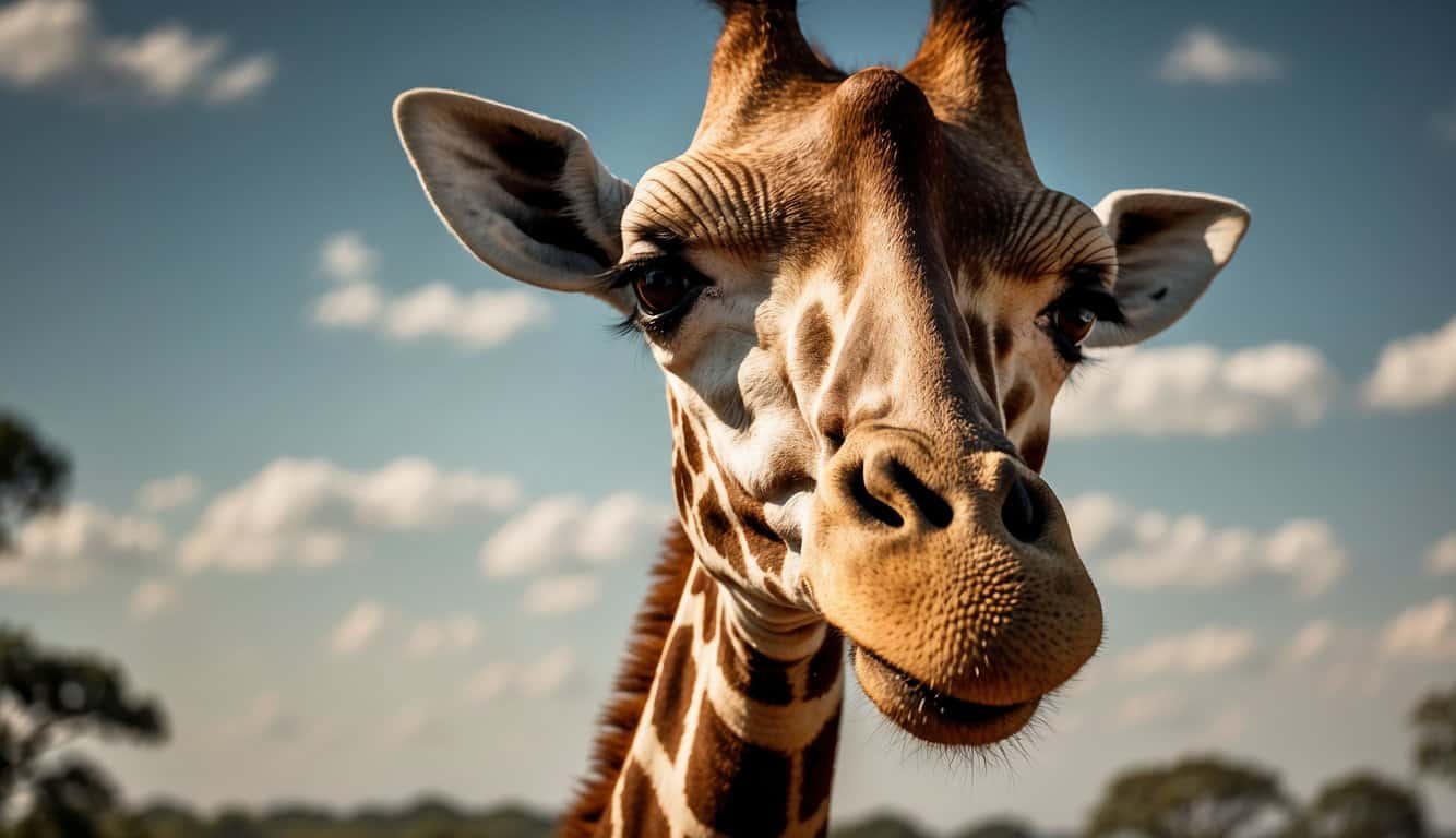 A giraffe stands tall, its long neck gracefully arched, with its heart visibly pumping blood through the unique cardiovascular system that supports its impressive height