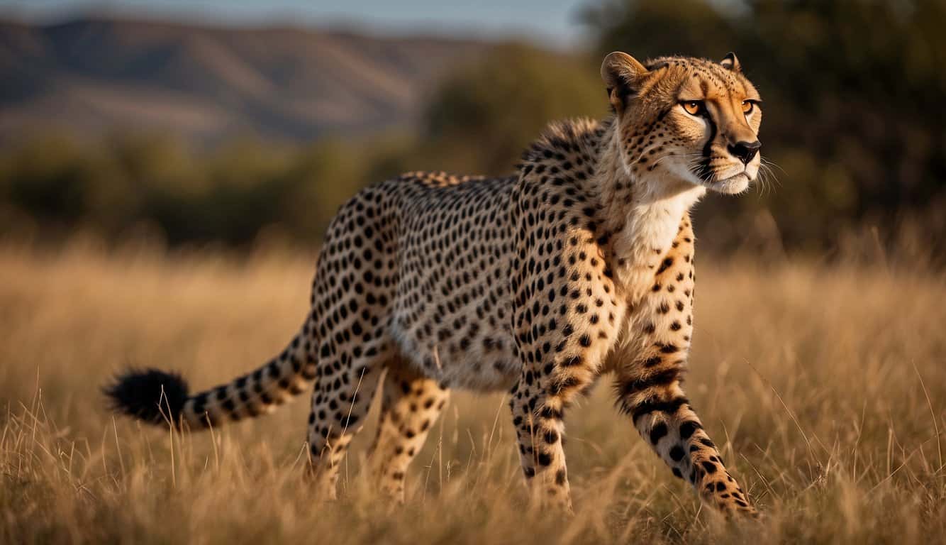 A cheetah streaks across the savannah, muscles rippling as it closes in on its prey with lightning speed. Its sleek, spotted coat blends seamlessly with the golden grass, making it almost invisible as it hunts