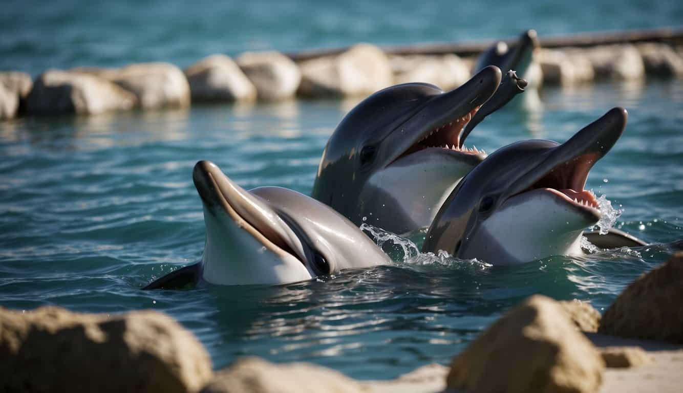 Dolphins swim in a pod, exchanging complex vocalizations and body movements to communicate and bond with one another. They display playful behavior, take turns leading, and show empathy towards injured members