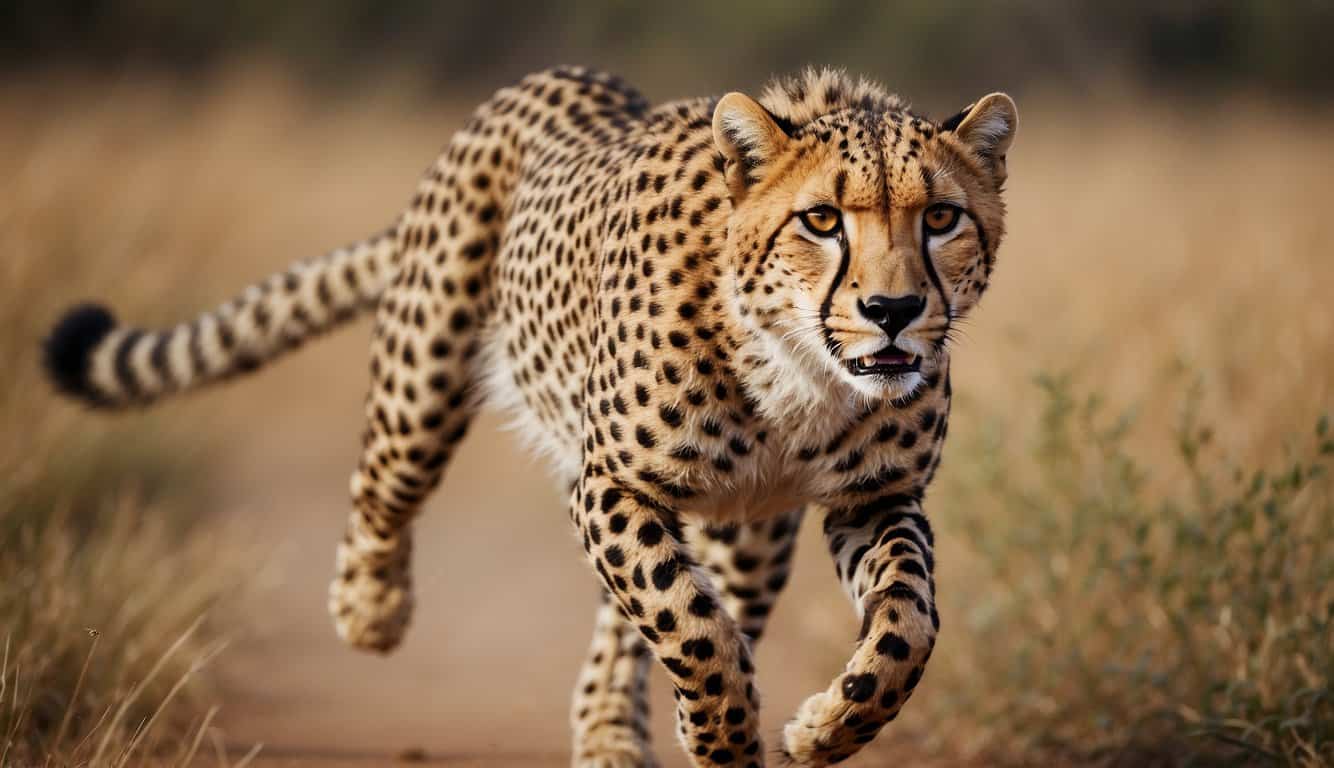 A cheetah sprints across the African savannah, its sleek body stretched out in a powerful leap, eyes fixed on its prey. The muscles in its legs ripple with incredible speed and agility as it hunts down its target