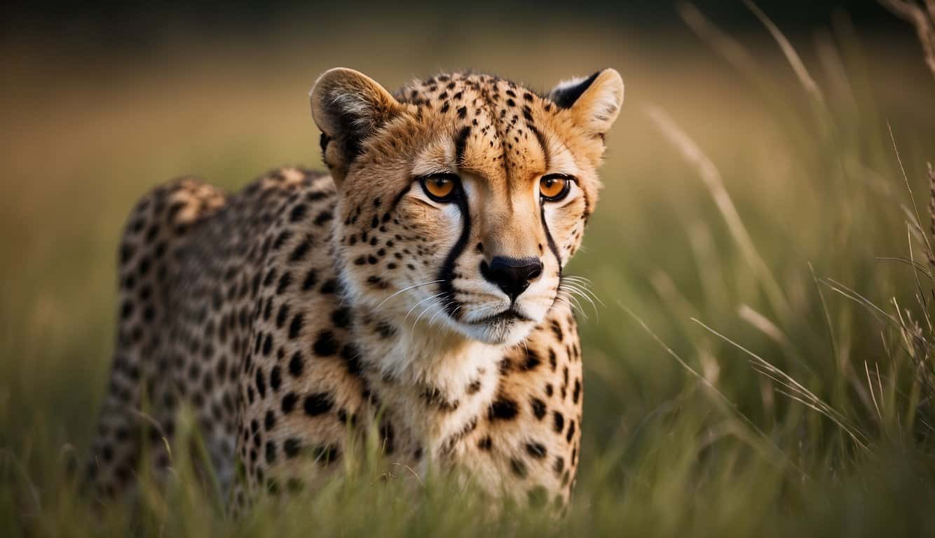 A cheetah crouches low in the savanna grass, eyes fixed on its prey. With lightning speed, it bursts into a sprint, muscles rippling as it races across the open plain, closing in on its target with unparalleled agility and
