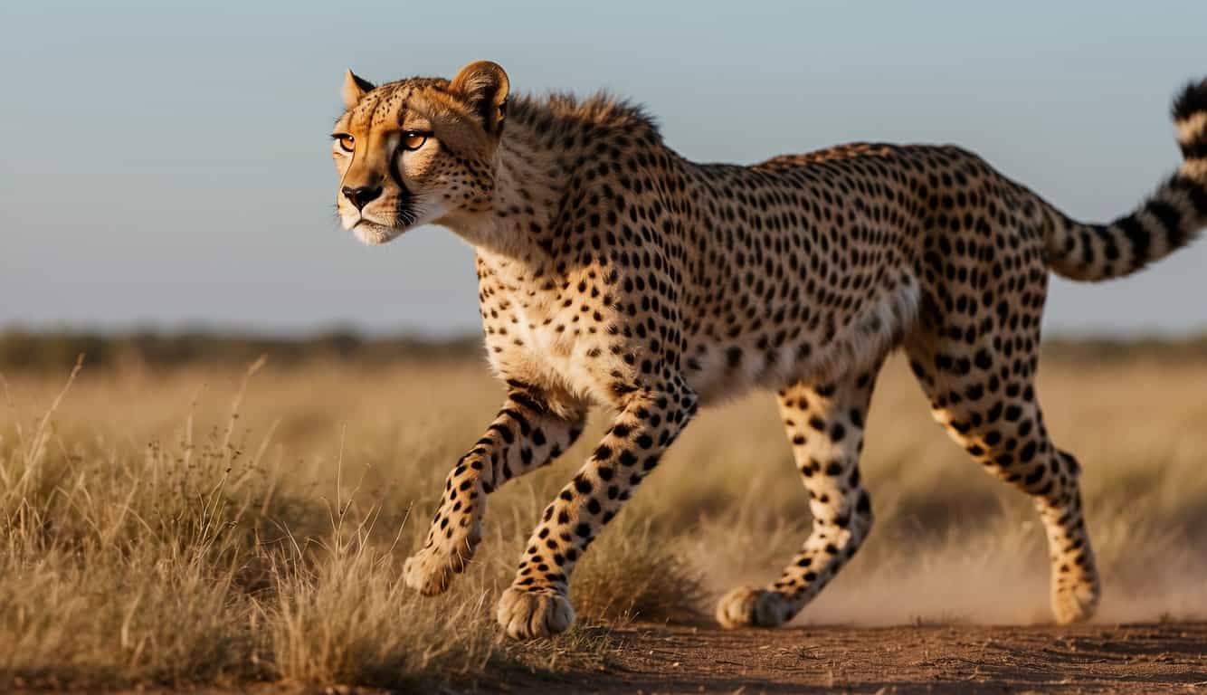 A cheetah sprints across the savannah, its sleek body and long legs propelling it forward with incredible speed. Its keen eyes scan the horizon as it hunts for its next meal, ready to unleash its extraordinary hunting abilities