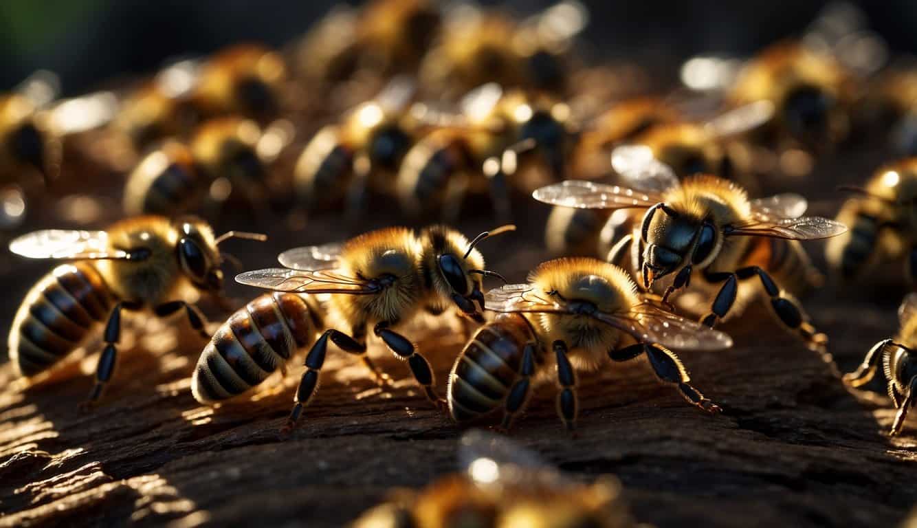 Honeybees perform the waggle dance in a dark hive, communicating the location of a food source. Other bees gather around, observing and interpreting the intricate movements