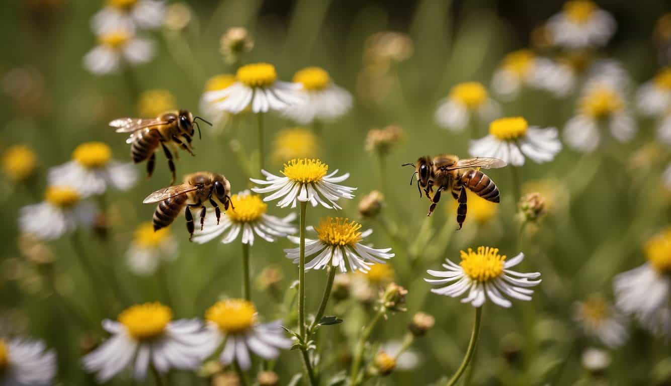 Honeybees perform the waggle dance in a vibrant, flower-filled meadow, communicating the location of a rich nectar source to their fellow hive members