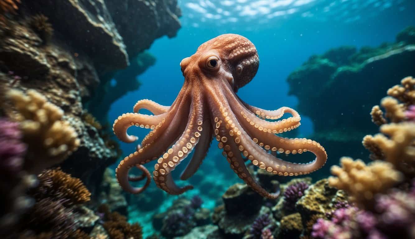 A giant octopus gracefully maneuvers through a vibrant coral reef, its intelligent eyes scanning the surroundings as it effortlessly changes color and shape to blend in with its environment