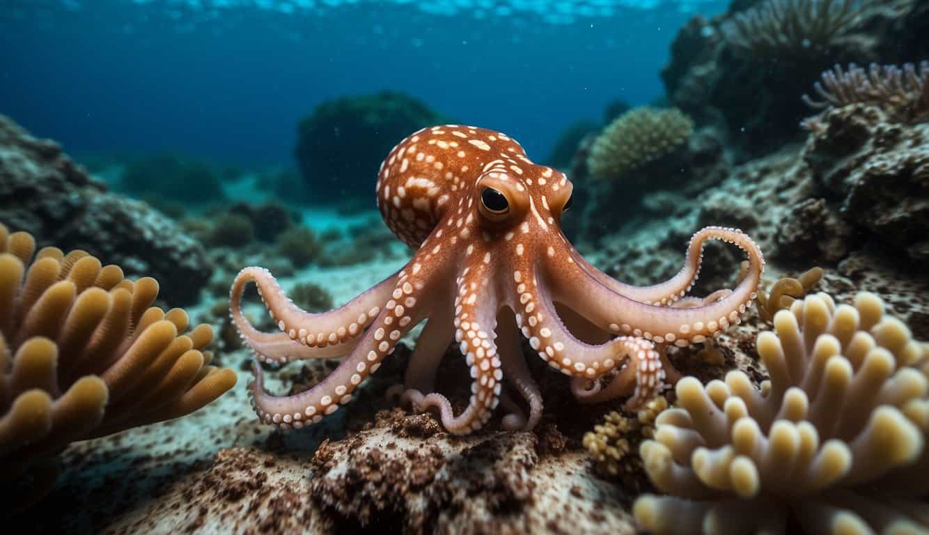 An octopus seamlessly blends into coral, evading a lurking predator. Its intricate escape routes weave through the ocean floor, showcasing its astonishing intelligence