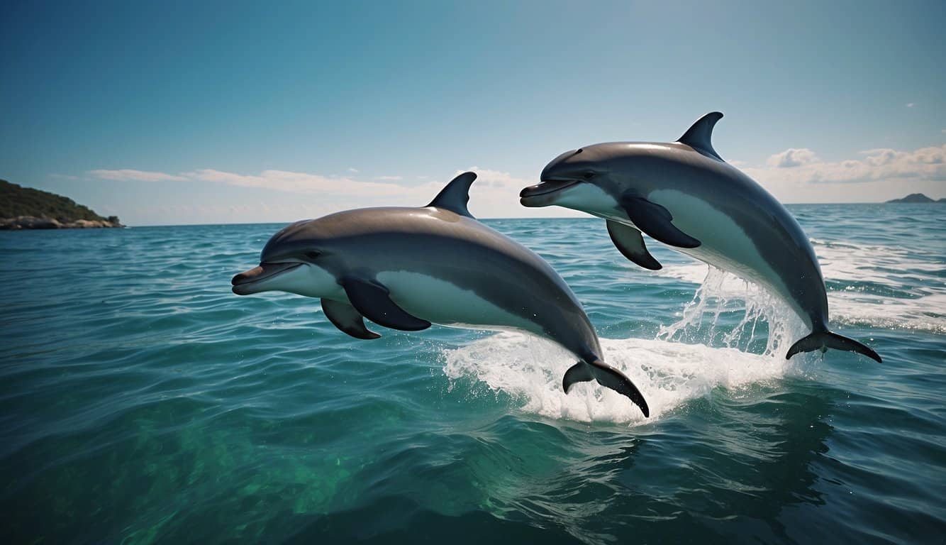Dolphins playing in turquoise water, leaping and communicating with each other using clicks, whistles, and body language