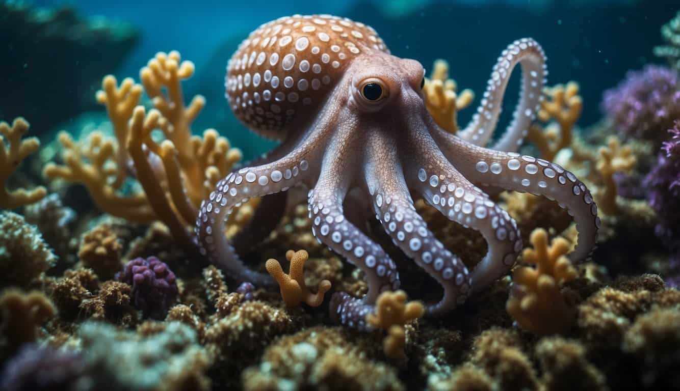 An octopus surrounded by puzzles, using tools, and displaying problem-solving skills in its underwater habitat