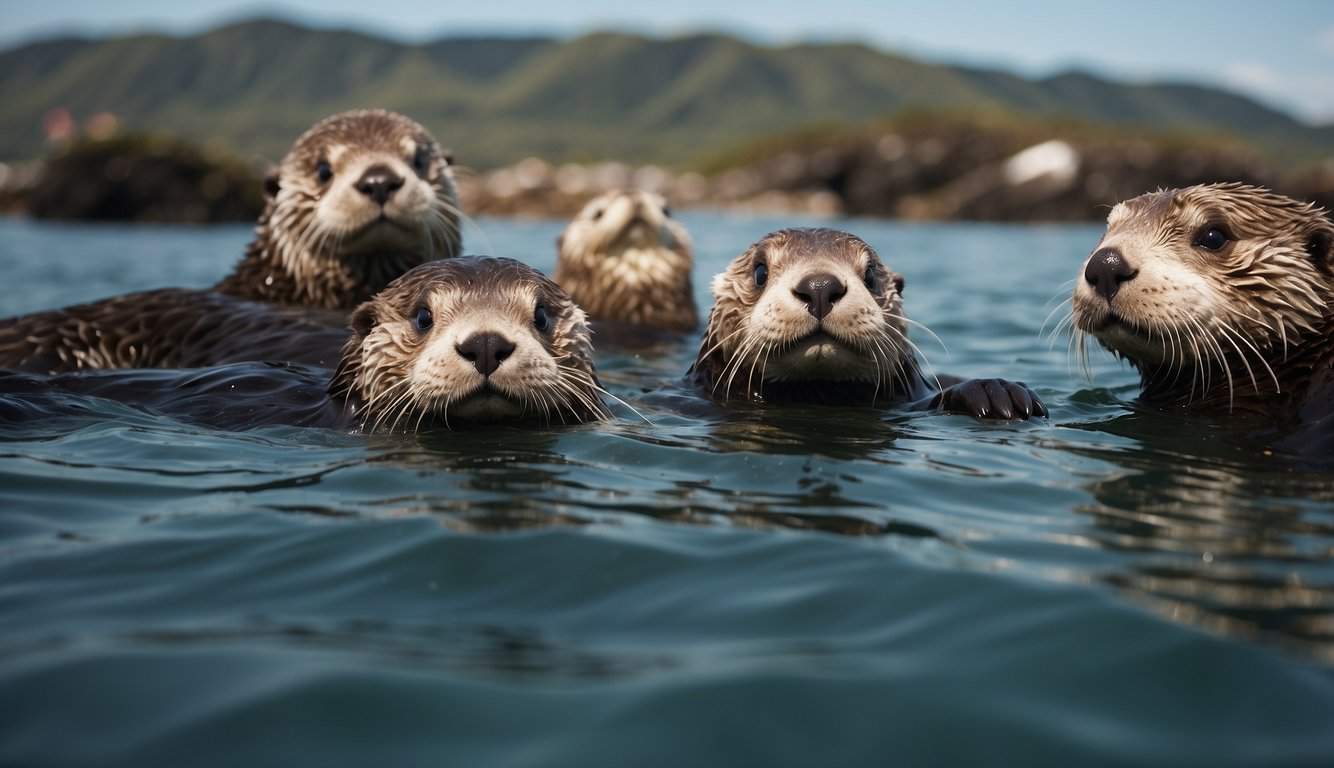 A group of sea otters floating on their backs, using rocks to crack open shellfish, surrounded by kelp and seagulls