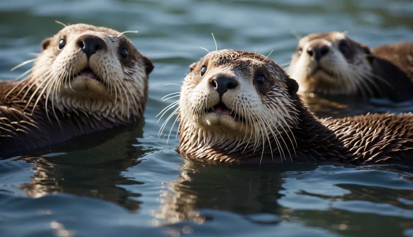 A group of sea otters floats on their backs, cracking open shells with rocks. The water is calm, and the otters' fur glistens in the sunlight