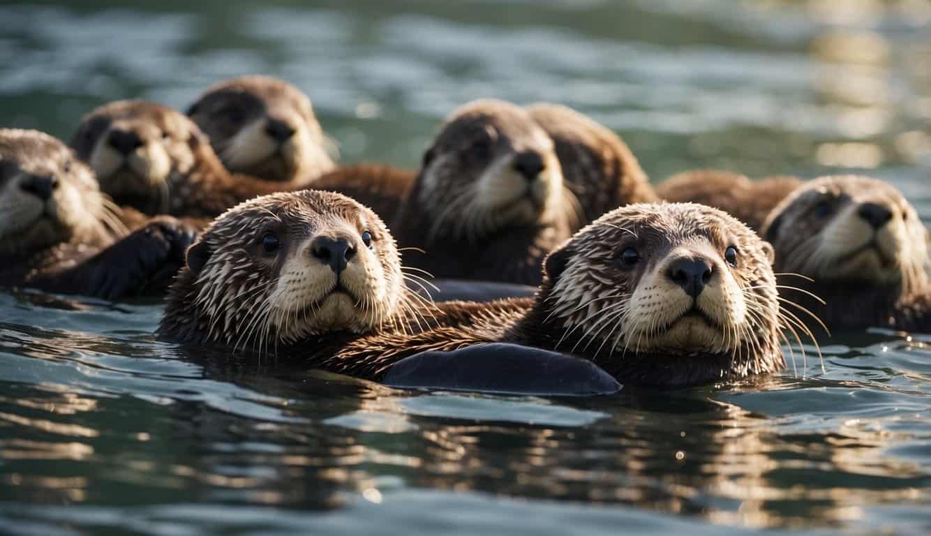A group of sea otters floating on their backs, using rocks to crack open shellfish. Sunlight glistens on the water as they expertly wield their tools