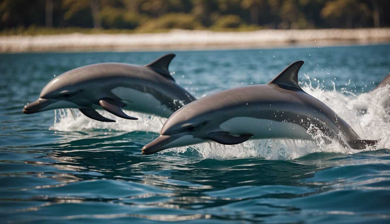 A pod of dolphins swims gracefully, their sleek bodies cutting through the water. They leap and play, communicating with each other through a series of clicks, whistles, and body language, showcasing their sophisticated language and social interactions