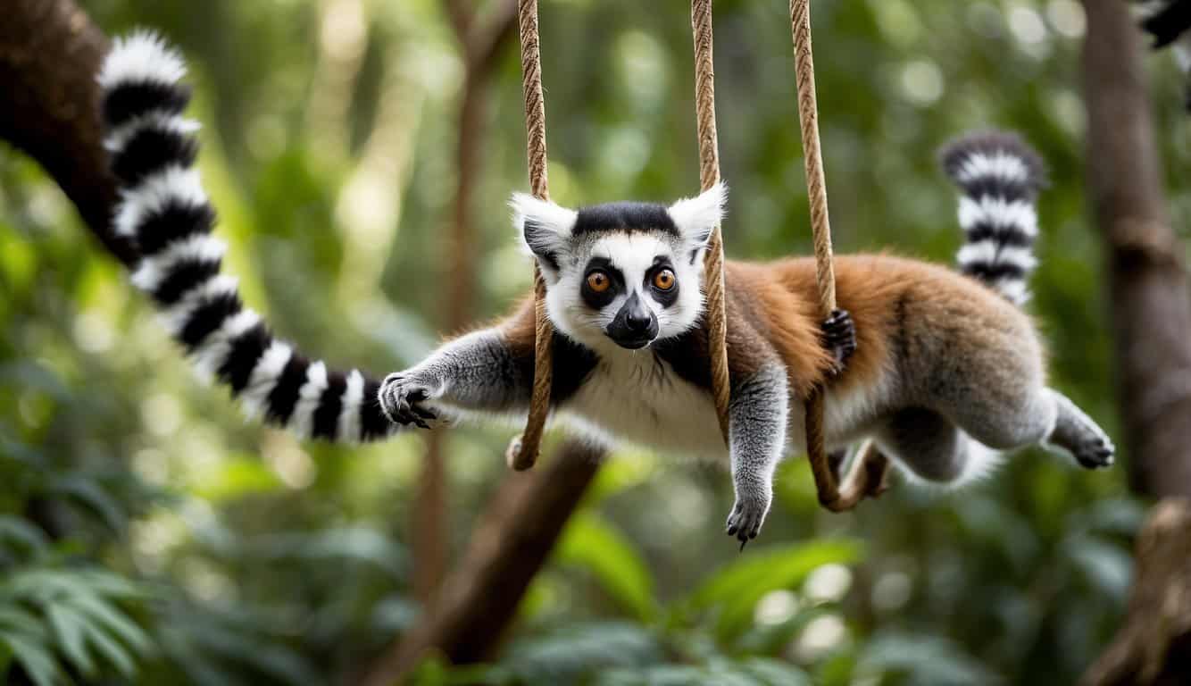 Lemurs leap and swing through lush, green forests, their colorful fur and distinctive tails creating a vibrant display of Madagascar's unique primate diversity