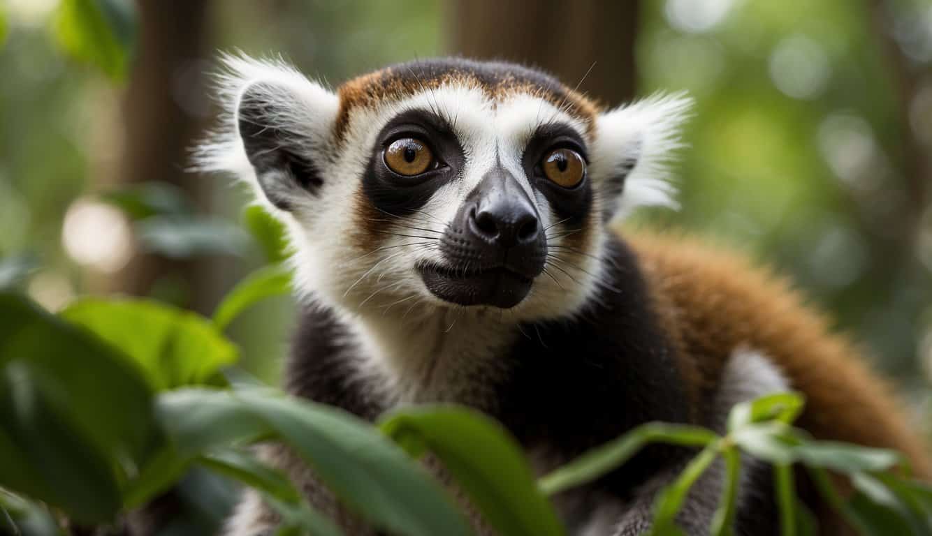 Lemurs leap through the lush, vibrant forests of Madagascar, engaging in social interactions and displaying their unique behaviors. The diverse species coexist in a harmonious and captivating environment, showcasing the intricate society of these fascinating primates