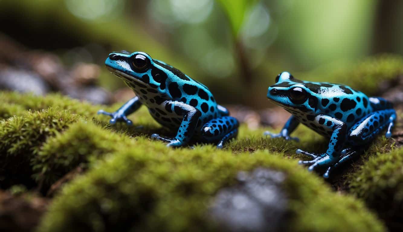 A lush rainforest floor teeming with vibrant poison dart frogs, their dazzling colors warning of their deadly toxicity