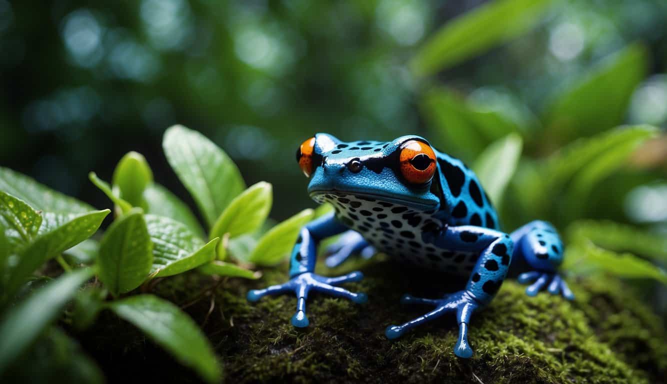 A lush rainforest setting with vibrant, poisonous dart frogs perched on lush, tropical foliage. The frogs' colorful and deadly appearance is contrasted by the serene beauty of their natural habitat