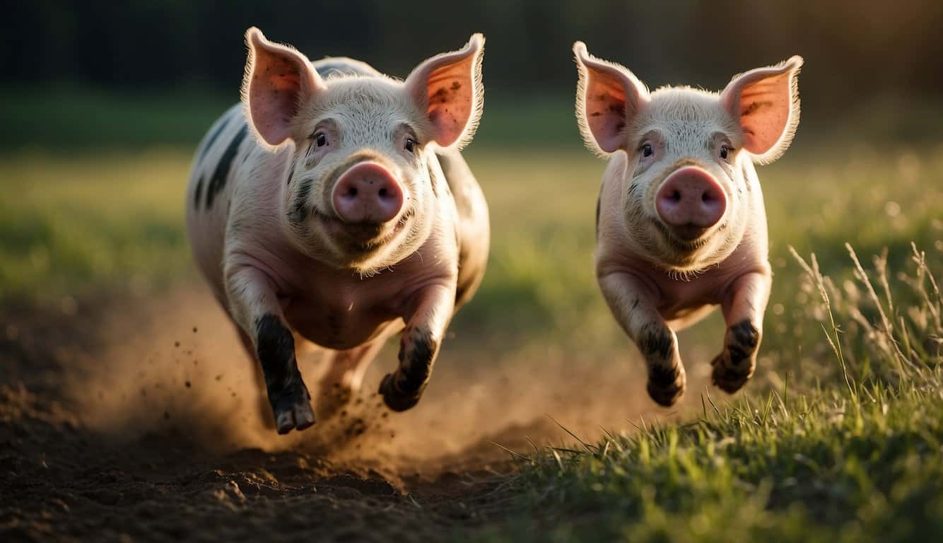 A pig with powerful legs sprints across a field, kicking up dirt and grass as it accelerates with surprising speed