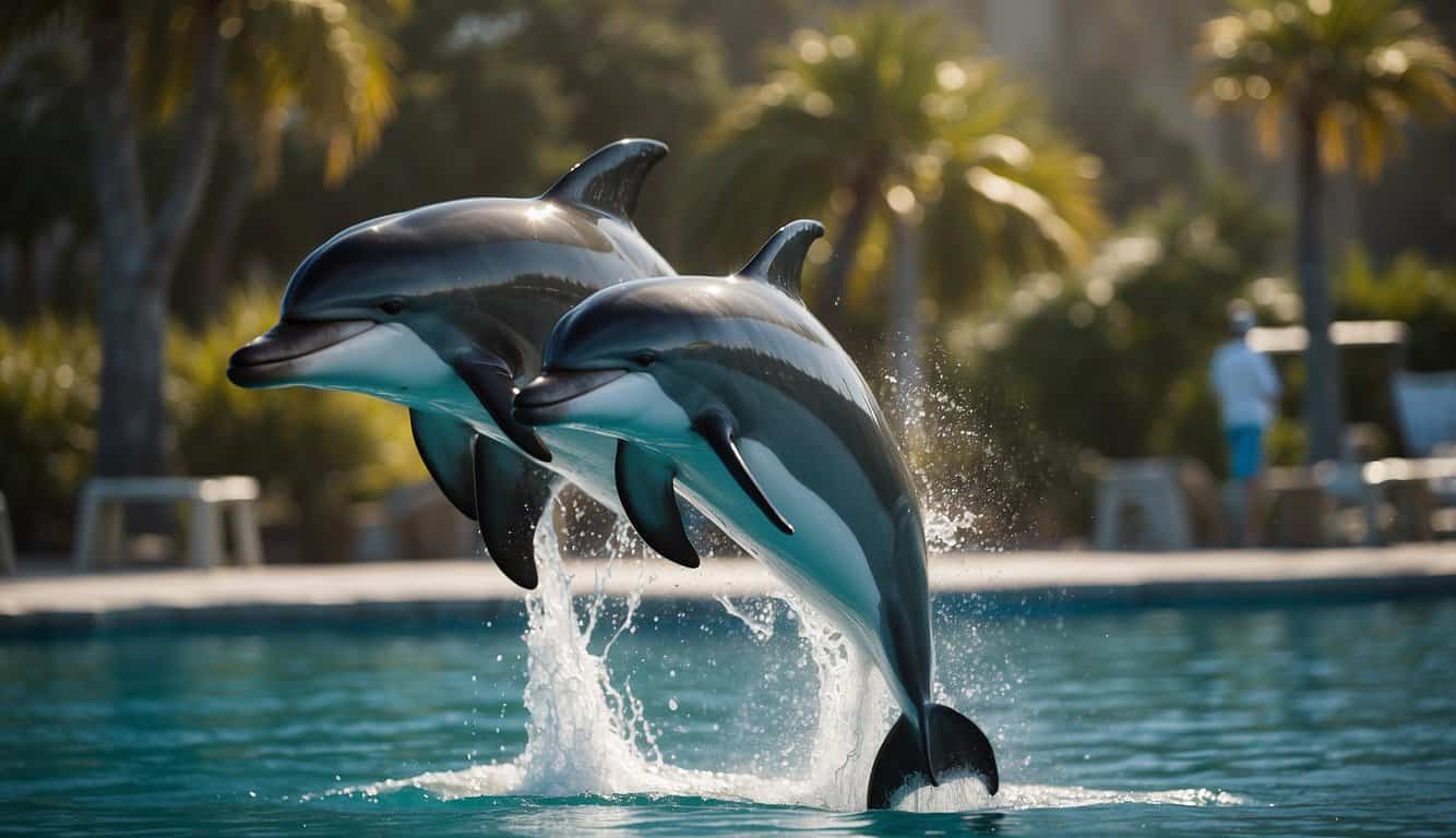 Dolphins leap and play in clear blue waters, their clicks and whistles filling the air as they communicate and interact with each other