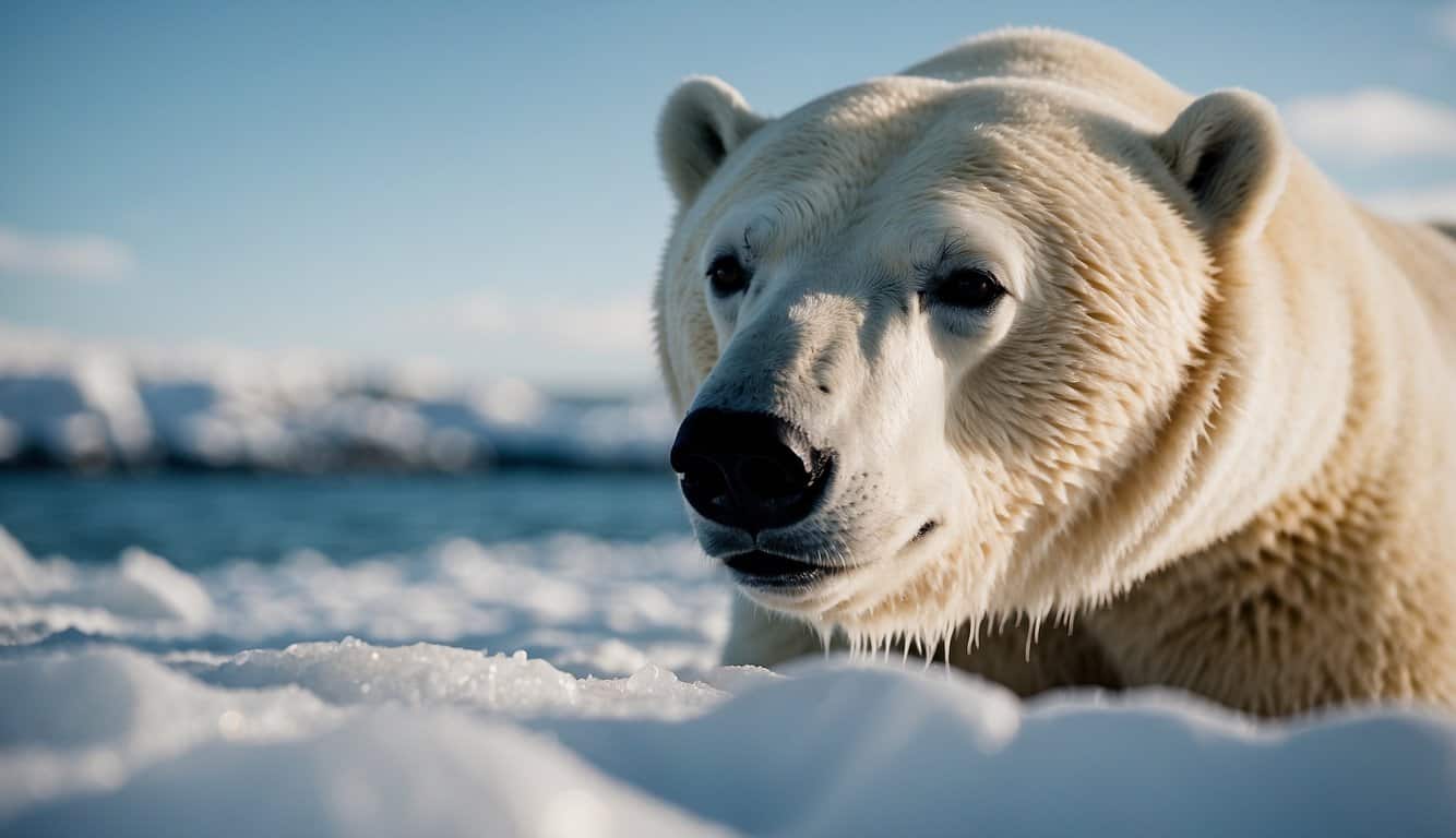 A polar bear sniffs the air, its nose twitching as it detects the scent of a seal miles away on the ice