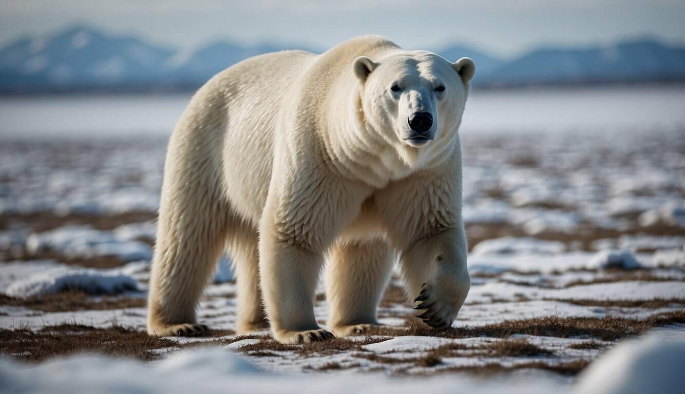 A polar bear stands on an icy tundra, nose lifted to the air, sniffing for scents with a keen sense of smell. Snowflakes fall around the bear as it searches for prey