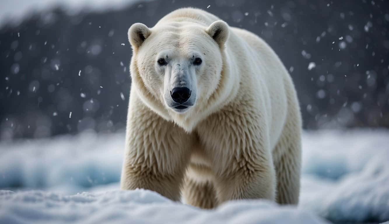 A polar bear stands on an icy landscape, nose raised, sniffing the air with a powerful sense of smell. Snowflakes fall around the bear as it searches for food