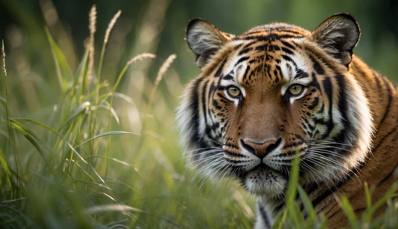 A tiger crouches in tall grass, its whiskers twitching as it focuses on a distant target. Heat sensors in its specialized whiskers help it detect prey