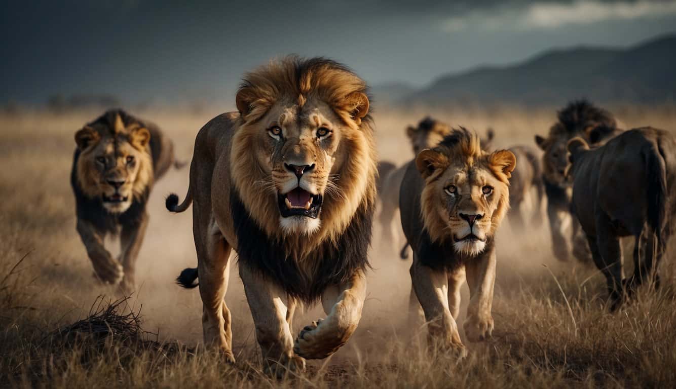 Lions stalk through a storm, lightning illuminating their fierce eyes as they corner a herd of wildebeest. The wind howls as the lions pounce, their powerful bodies blending into the chaos of the hunt