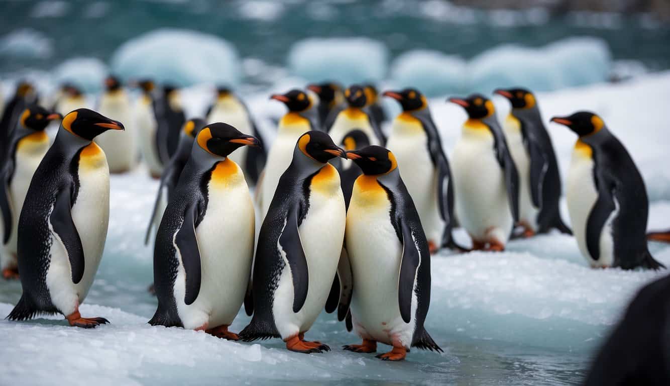 Penguins gather on ice, using serrated ridges to eat fish. Some waddle, others swim, while a few huddle together, displaying social behavior