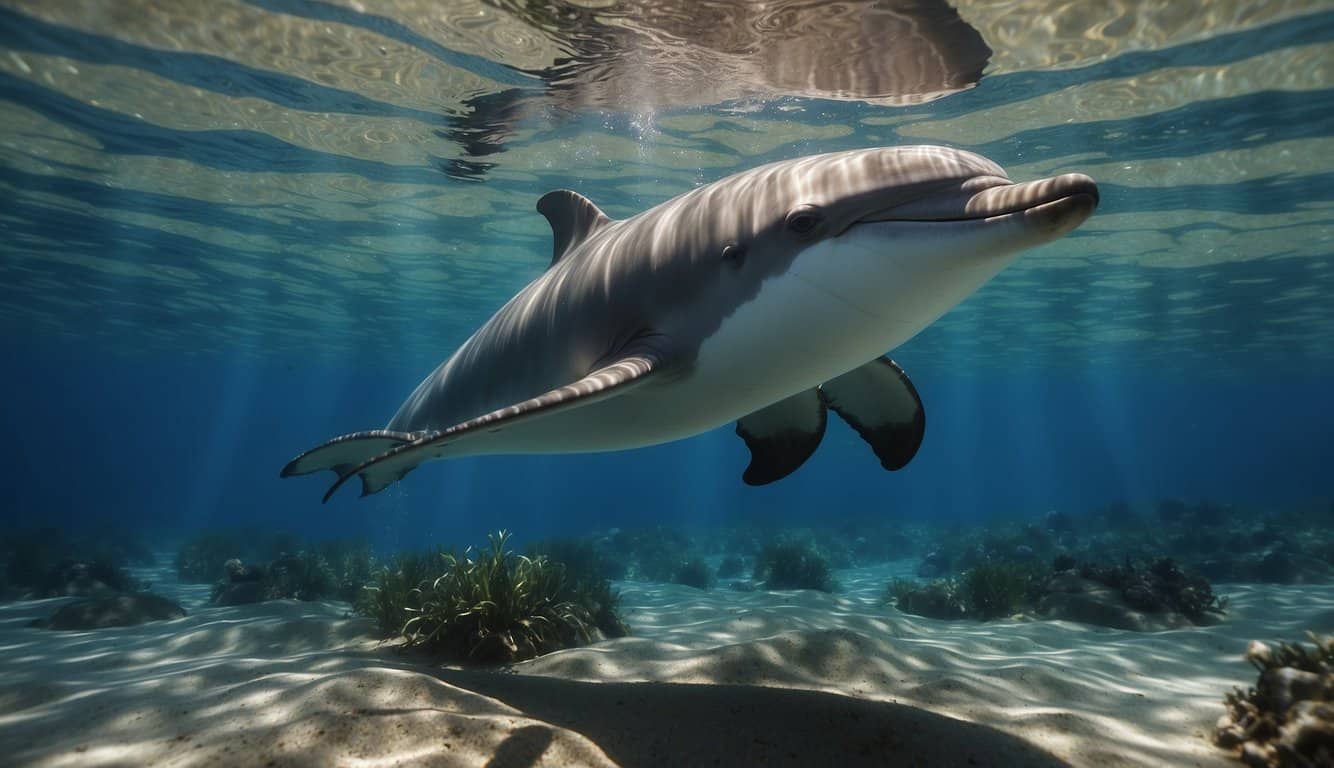 A dolphin swims gracefully, one eye open as it rests. The other eye remains alert, scanning the surroundings for any potential threats
