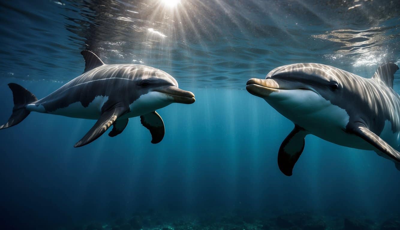 Dolphins swimming in a calm, moonlit ocean, one eye closed while the other remains open, demonstrating unihemispheric sleep
