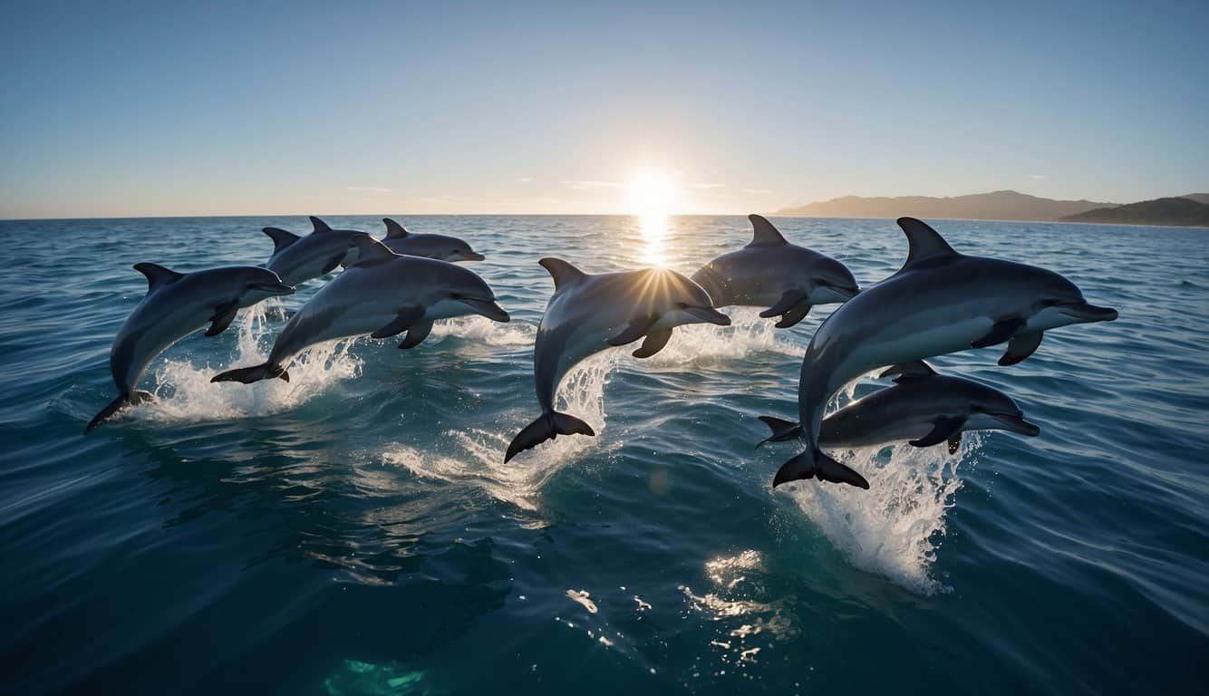 A pod of dolphins swims gracefully, their eyes half-closed as they navigate the ocean. Some dolphins rest while others remain alert, using unihemispheric sleep to stay vigilant