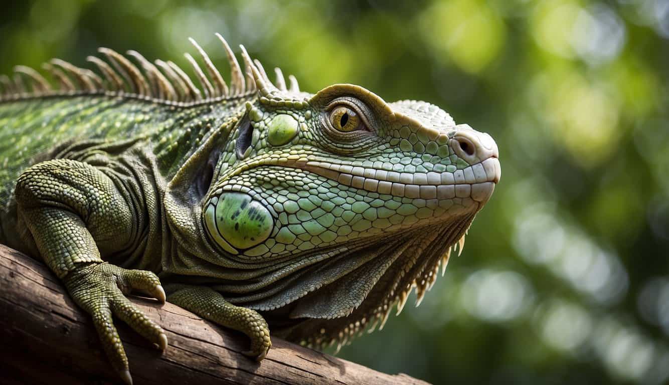A green iguana basks on a tree branch, its third eye on top of its head scanning the surroundings for potential threats