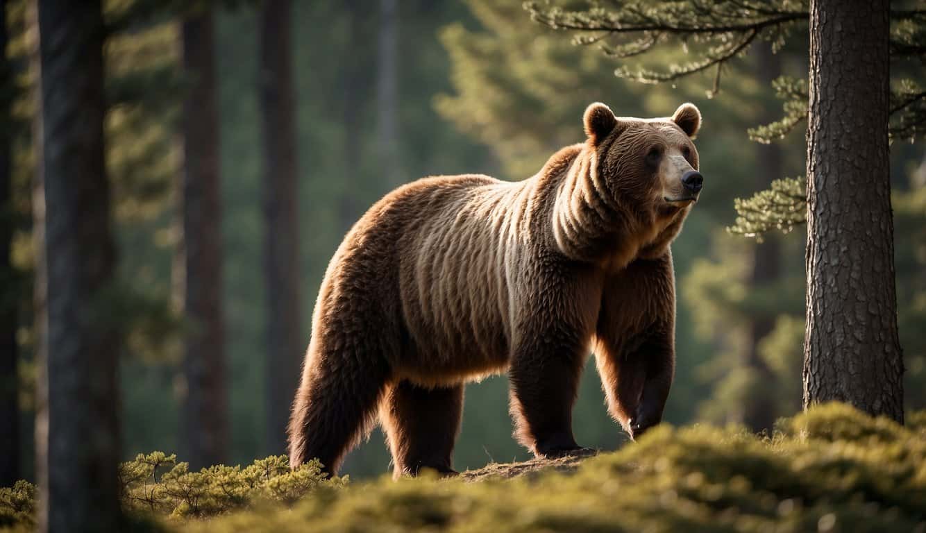 A massive brown bear stands on its hind legs, towering over the surrounding trees. Its powerful frame and sharp claws are emphasized, showcasing its immense size
