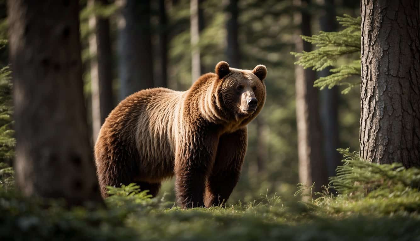 A towering brown bear stands amidst towering trees, its massive size emphasized by the surrounding forest. The bear's powerful frame and thick fur convey its formidable presence