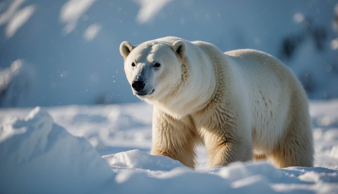 A polar bear blends into the snowy Arctic landscape, its transparent fur providing camouflage against the icy terrain. Snowflakes fall gently around the bear, highlighting its ability to adapt and survive in its environment