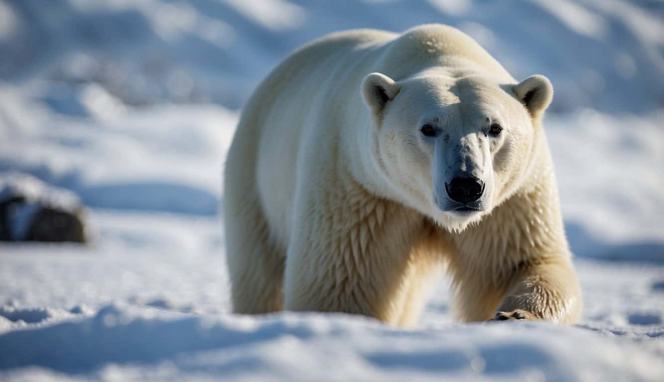 A polar bear blends into the snowy Arctic landscape, its transparent fur camouflaging it from prey and predators alike