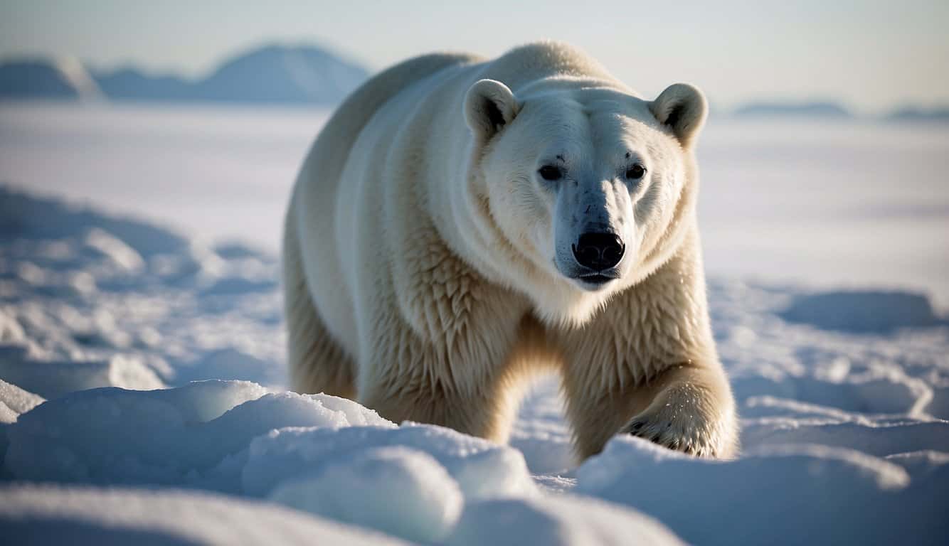A polar bear blends into the snowy Arctic landscape with its transparent fur, almost invisible against the icy backdrop