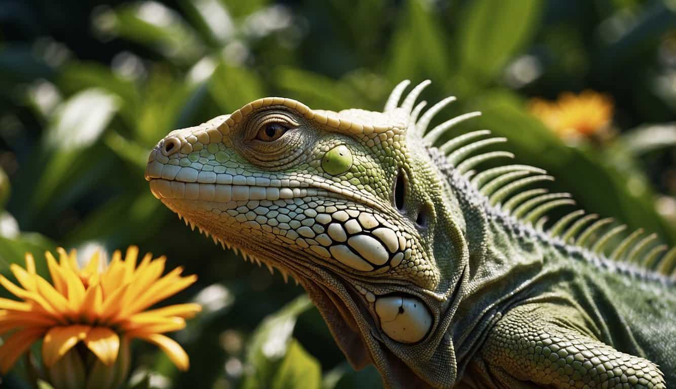 A group of green iguanas basking in the warm sun, surrounded by lush greenery and vibrant flowers, with their unique third eye clearly visible on their foreheads