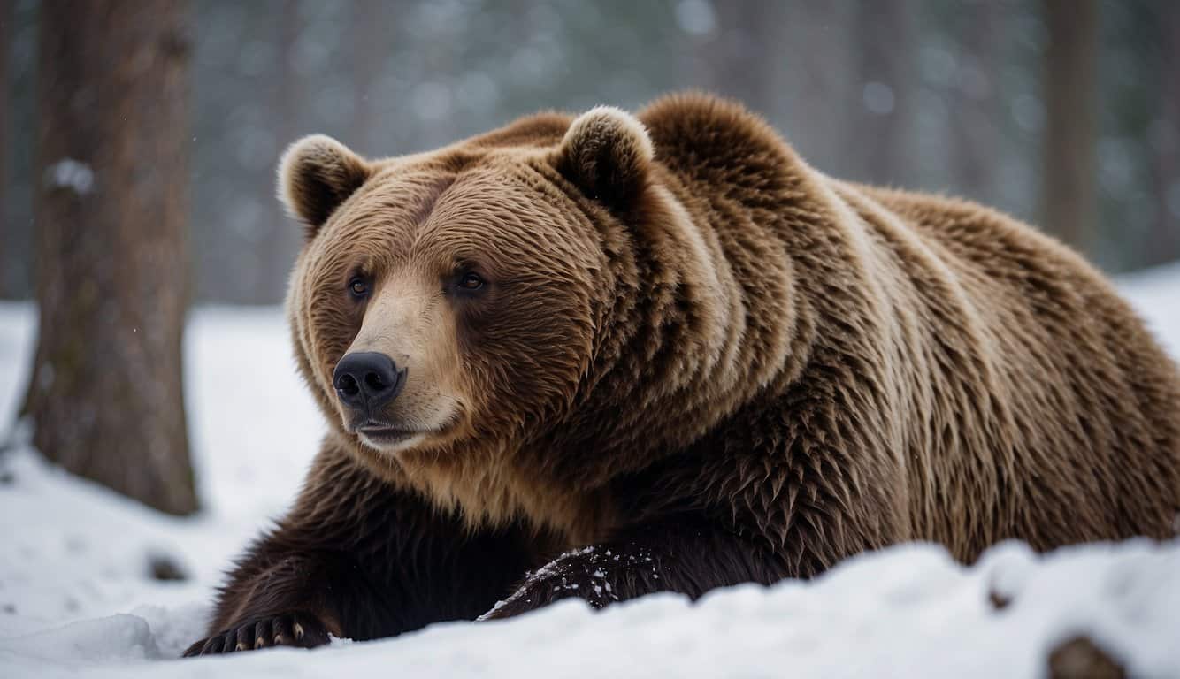 A grizzly bear lies nestled in a cozy den, surrounded by snow-covered trees. Its breath creates a misty cloud in the cold air as its heartbeat slows to a remarkable pace during winter hibernation