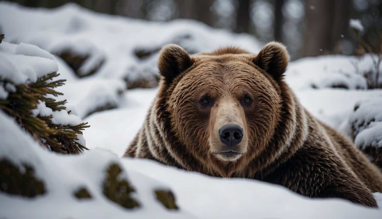 A hibernating grizzly bear lies tucked into a snow-covered den, its breath creating small puffs of steam in the cold air, while its heart beats at a remarkably slow and steady rhythm